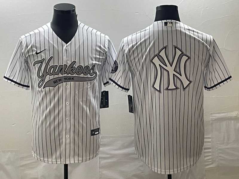 Mens New York Yankees Big Logo White Pinstripe Cool Base Stitched Baseball Jerseys->new york yankees->MLB Jersey